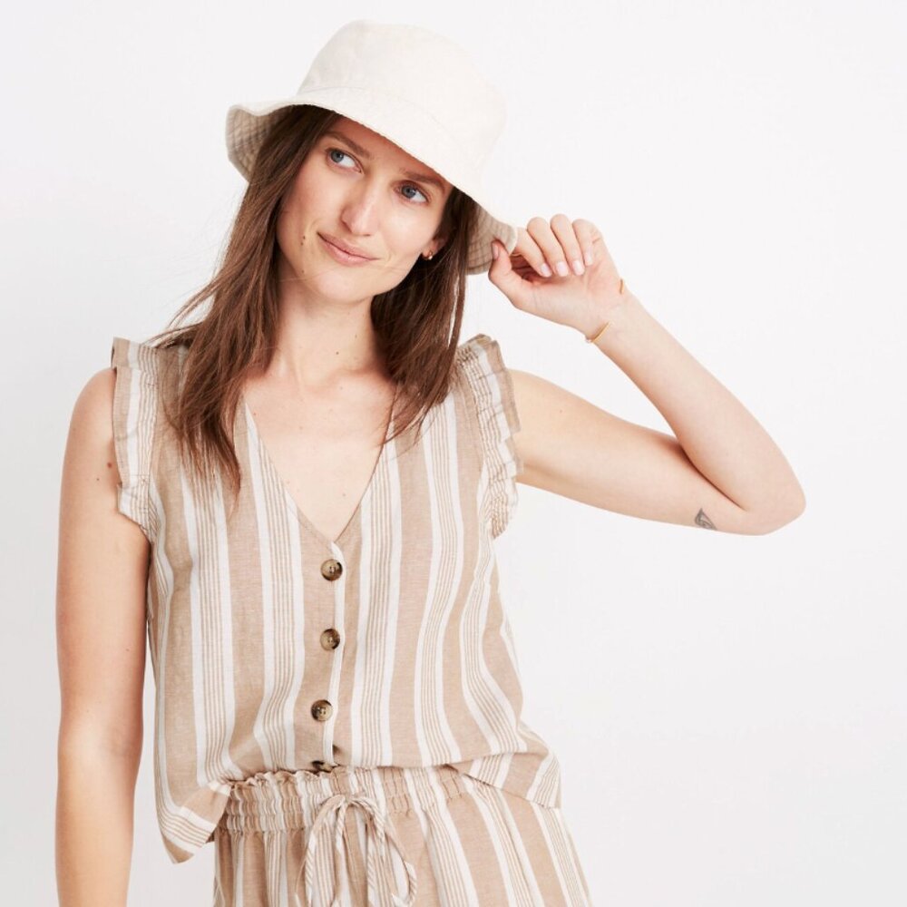 Madewell Linen-Blend Ruffle Button-Front Tank in Stripe Size 6 - Picture 3 of 5